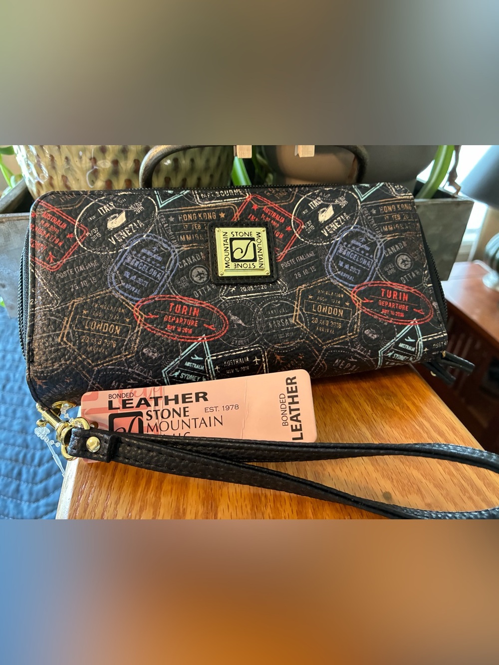 Stone Mountain Accessories Black Passport Stamp Wristlet Clutch NWT